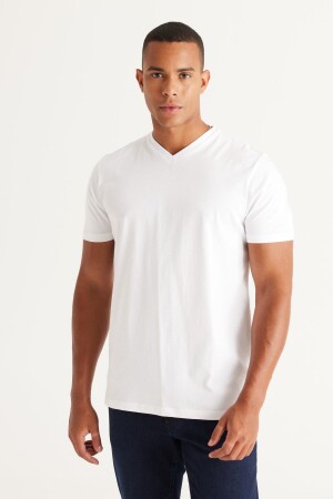 Weißes Slim-Fit-T-Shirt mit V-Ausschnitt für Herren aus 100 % Baumwolle - 1