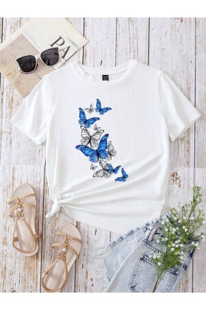 Weißes T-Shirt mit blauem Schmetterlingsdruck - 1