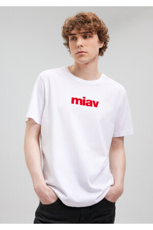 Weißes T-Shirt mit rotem Miav-Aufdruck, reguläre Passform / normaler Schnitt 067153-622 - 1