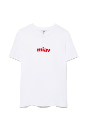 Weißes T-Shirt mit rotem Miav-Aufdruck, reguläre Passform / normaler Schnitt 1610622-86417 - 2