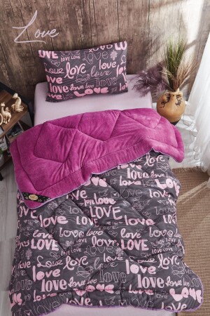 WELSOFT TEK KİŞİLİK MOR LOVE YORGAN SETİ - Marla Home