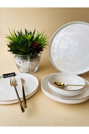 White Modern 48 Parça 12 Kişilik Porselen Yemek Takımı-gold TR3138 - 4