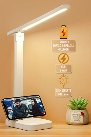 Wiederaufladbare Tischlampe, 3-Farben-Touchscreen mit Telefonständer, Stufenstudie, Leselicht, Nachtlicht, 9 W, 03535 - 1