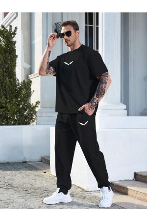 Wings T-shirt Eşofman Altı Jogger- Siyah Baskılı Alt Üst Eşofman Takım Oversize Bisiklet Yaka - 1