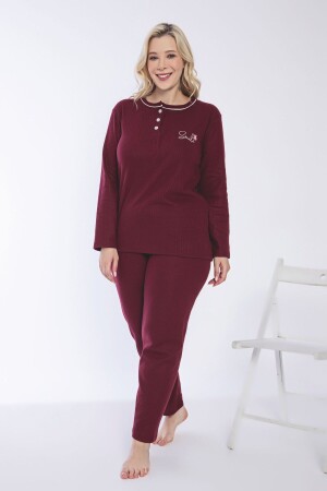 Winter-Pyjama-Set für Damen in Weinrot, großes Format, geknöpfter Kragen, lange Ärmel, Interlock - 1