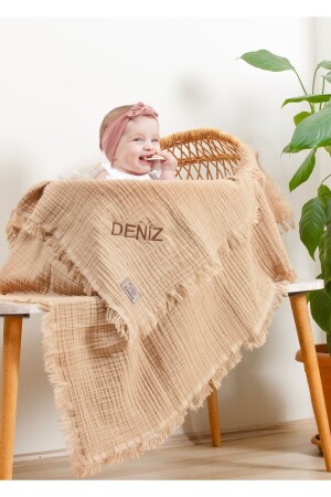 [Wir schreiben den Namen, den Sie möchten] Kaffee mit Milch, 4-lagige Musselin-Baby- und Kinderdecke, 110 x 110 cm - Tosbiş