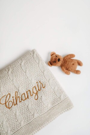 [Wir schreiben den Namen, den Sie möchten, mit Stickerei] Babydecke aus Strickwaren, gestrickt, beige, Baby-Geschenk - 7