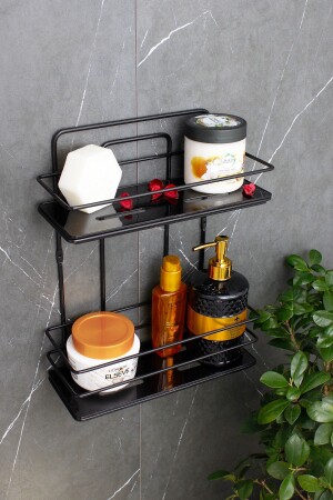 Wirtschaftlicher Edelstahl-Badezimmer- und Kosmetik-Organizer mit Kristallregal, doppelter Shampoo-Halter aus schwarzem Draht, Badezimmerregal HMY-TŞ02S - 1