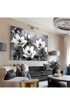 Yağlı Boya Efektli Çiçek Tablosu Derin Gri (siyah - Beyaz Kombini) HRKBRV070539104 - HEDİYE AKSESUARCIM