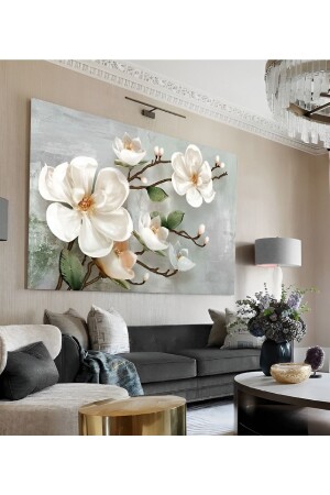 Yağlı Boya Efetkli Yosun Yeşili-gri Tabanlı Büyük Çiçek Kanvas Duvar Tablo - Trade Ays