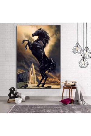 Yağlı Boya Görünümlü Şaha Kalkmış Siyah At Kanvas Tablo Premium Kalite manzara11 - Genel Markalar
