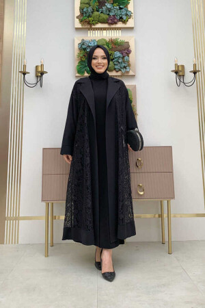 Yakalı Dantel Güpür Detay Abaya 7830 Siyah - Bym Fashion