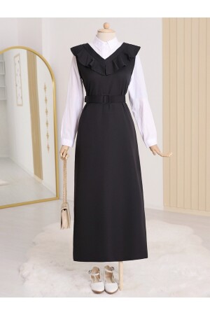 Yakası V Kemerli Uzun Jile Elbise - Modamorfo