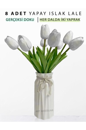 Yapay 8 Li Islak Lale Buketi Gerçeksi Doku Beyaz - Yapay Lale 32 Cm 8 Adet - Bambapaw