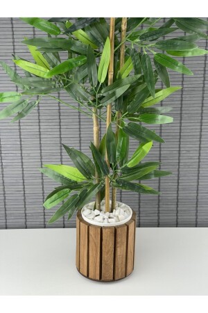 Yapay Yoğun Yapraklı Dekoratif Bambu Ağacı Ahşap Saksılı 3 Gövde 80cm - 2