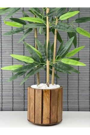Yapay Yoğun Yapraklı Dekoratif Bambu Ağacı Ahşap Saksılı 3 Gövde 80cm - 6