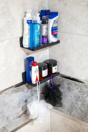Yapışkanlı 2li Siyah Köşe Şampuan Tutucu- Banyo Düzenleyici- Mutfak Raf Düzenleyici Duş Rafı Mt81s - 1