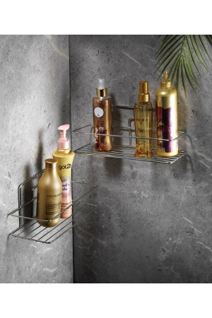 Yapışkanlı Banyo Düzenleyici Şampuanlık Duş Rafı Krom 2 Adet Tş-01 PRA-7848372-5787 - 1