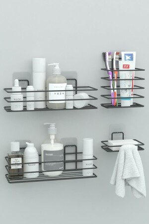 Yapışkanlı Banyo Seti Duş Rafı - Sabunluk - Diş Fırçalık Metal Set - 4