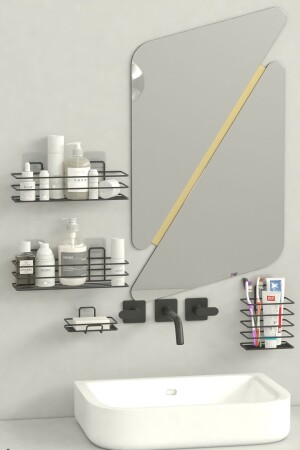 Yapışkanlı Banyo Seti Duş Rafı - Sabunluk - Diş Fırçalık Metal Set - 6