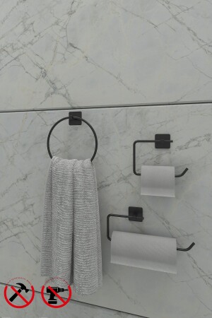 Yapışkanlı Siyah Kare Topuz Havluluk ve Kare Tuvalet Kağıtlık Kare Peçetelik Seti Banyo Düzenleyici - 2