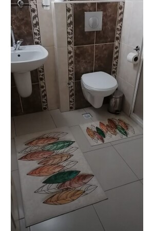 Yaprak Desenli Banyo Paspası Klozet Takımı 2'li Kaymaz Tabanlı Set - 6