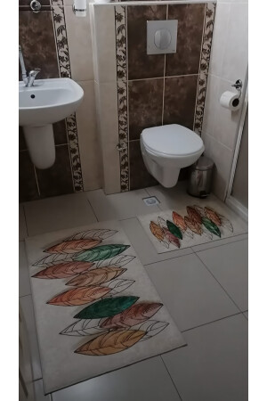 Yaprak Desenli Banyo Paspası Klozet Takımı 2'li Kaymaz Tabanlı Set btset1009 - 5