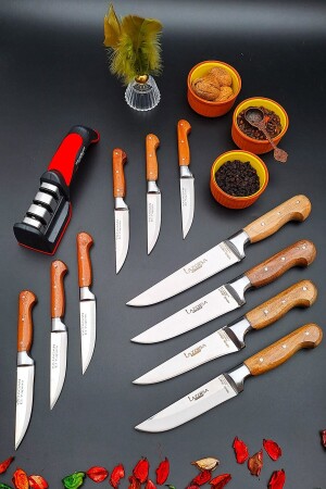 Yatağan Handgefertigtes Küchenmesser, 11-teiliges Mitgift-Set, Fleisch, Brot, Obst, Diamantspitze, Schärfwerkzeug 12asd1 - 2