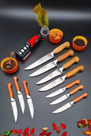 Yatağan Handgefertigtes Küchenmesser, 11-teiliges Mitgift-Set, Fleisch, Brot, Obst, Diamantspitze, Schärfwerkzeug 12asd1 - 3