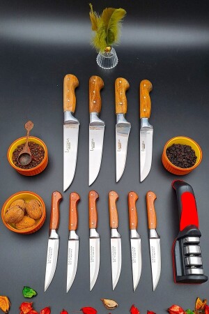 Yatağan Handgefertigtes Küchenmesser, 11-teiliges Mitgift-Set, Fleisch, Brot, Obst, Diamantspitze, Schärfwerkzeug 12asd1 - 5