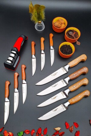 Yatağan Handgefertigtes Küchenmesser, 11-teiliges Mitgift-Set, Fleisch, Brot, Obst, Diamantspitze, Schärfwerkzeug 12asd1 - 1