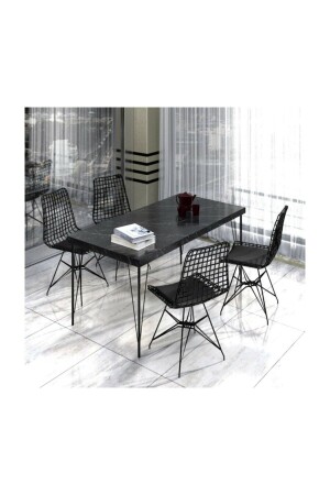 Yemek Masası Mutfak Masası 4 Kişilik Tel Sandalyeli Siyah Mermer - 1