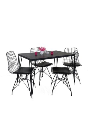 Yemek Masası Mutfak Masası 4 Kişilik Tel Sandalyeli Siyah Mermer - 2