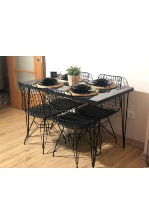 Yemek Masası Mutfak Masası 4 Kişilik Tel Sandalyeli Siyah Mermer - 4