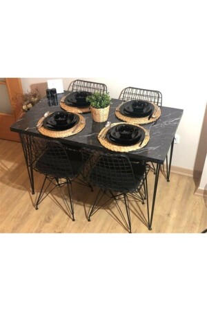 Yemek Masası Mutfak Masası 4 Kişilik Tel Sandalyeli Siyah Mermer - 5