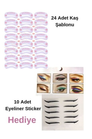 Yeniden Kullanılabilir 24 Adet Kaş Şablonu Şekillendirici 10 Ad Eyeliner Sticker Makyaj Seti Kalıp - Malinka