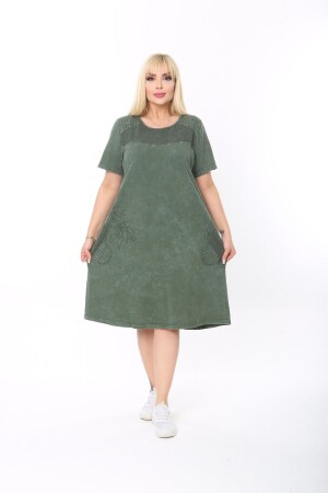 Yeşil Büyük Beden Detaylı Yıkamalı Elbise 1042 - 1