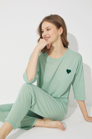 Yeşil Soft Touch Ince Örme Nakışlı Pijama Takım - 1