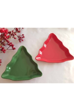 Yılbaşı Dekoratif Tabak Kırmızı Yeşil Çam Ağacı Şekilli Porselen 2li Tabak Anneler Günü Hediyesi Yb tabak - SOUL BY A&B