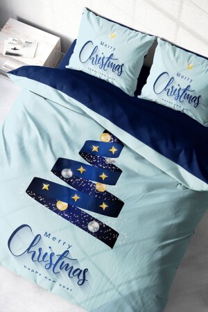 Yılbaşı Nevresim Takımı (Lastikli Çarşaflı) Çift Kişilik %100 Pamuk Saten Blue MONOHOME41250 - Monohome