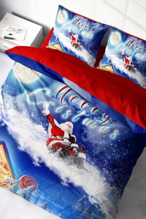 Yılbaşı Nevresim Takımı (Lastikli Çarşaflı) Çift Kişilik %100 Pamuk Saten Blue Snow MONOHOME41199 - Monohome