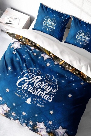 Yılbaşı Nevresim Takımı (Lastikli Çarşaflı) Çift Kişilik %100 Pamuk Saten Blue Stars MONOHOME41434 - Monohome