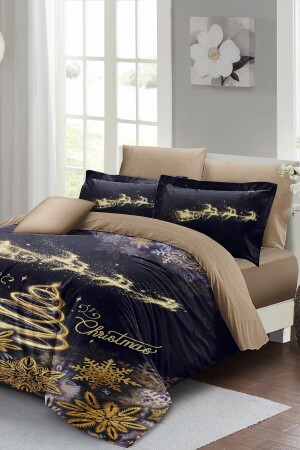 Yılbaşı Nevresim Takımı (Lastikli Çarşaflı) Çift Kişilik %100 Pamuk Saten Coffee Noel MONOHOME40833 - Monohome