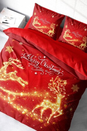 Yılbaşı Nevresim Takımı (Lastikli Çarşaflı) Çift Kişilik %100 Pamuk Saten Gold Deers MONOHOME41427 - Monohome