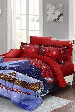Yılbaşı Nevresim Takımı (Lastikli Çarşaflı) Çift Kişilik %100 Pamuk Saten Noel Red MONOHOME41052 - Monohome