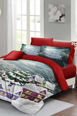 Yılbaşı Nevresim Takımı (Lastikli Çarşaflı) Çift Kişilik %100 Pamuk Saten Snow House MONOHOME41007 - Monohome