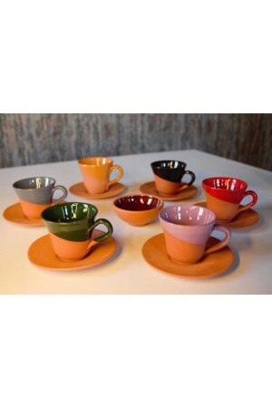 Yörem Pottery Clay 6-teiliges Kaffeetassen-Set mit türkischem Köstlichkeitshalter, Geschenk 116T-TT1 - 3