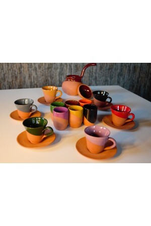 Yörem Pottery Steingut-Set mit 6 Kaffeetassen, Kaffeekanne, Halter für türkische Köstlichkeiten, Kaffee- und Wasserglas-Set 258T-TT1 - 1