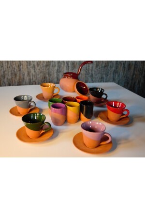 Yörem Pottery Steingut-Set mit 6 Kaffeetassen, Kaffeekanne, Halter für türkische Köstlichkeiten, Kaffee- und Wasserglas-Set 258T-TT1 - 3