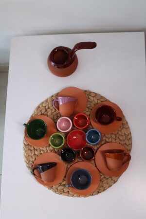 Yörem Pottery Steingut-Set mit 6 Kaffeetassen, Kaffeekanne, Halter für türkische Köstlichkeiten, Kaffee- und Wasserglas-Set 258T-TT1 - 4